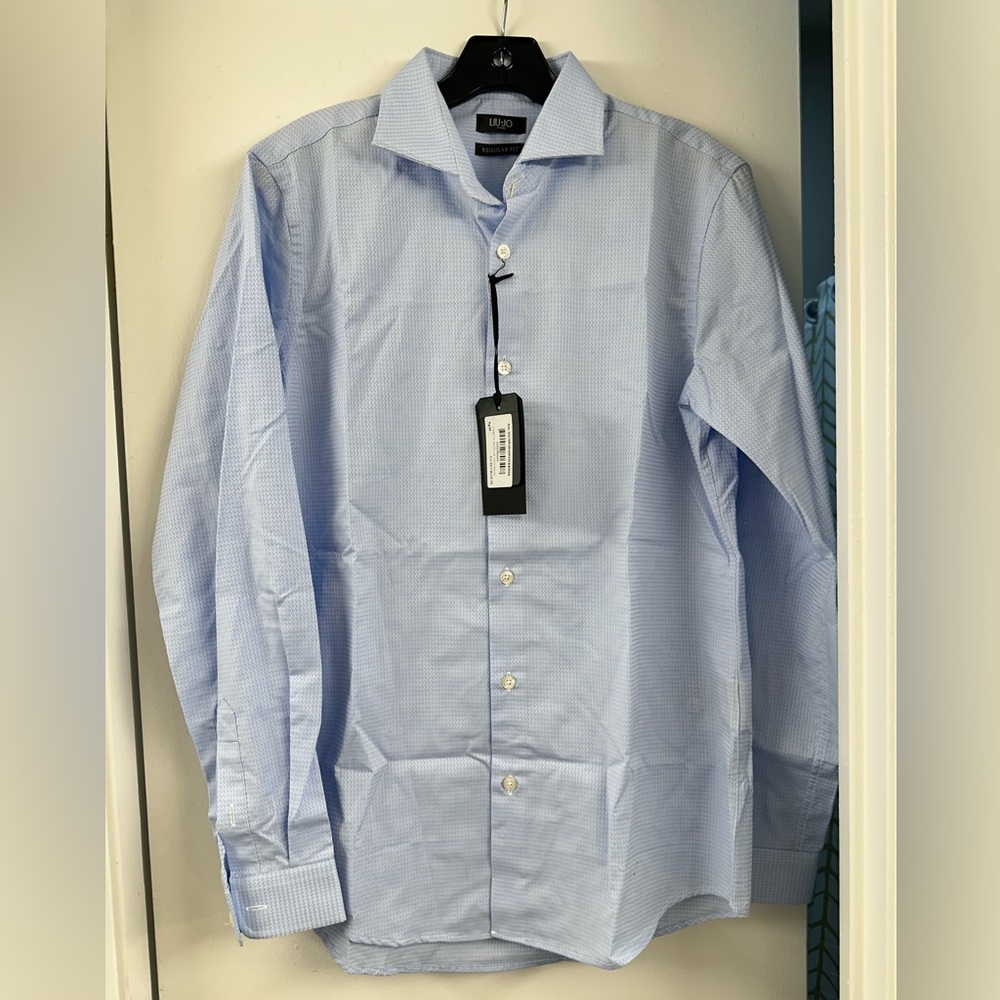 NWT Liu Jo Men’s Sky Blue Dress Shirt Cotton Textured Size 39 Medium Italy Made